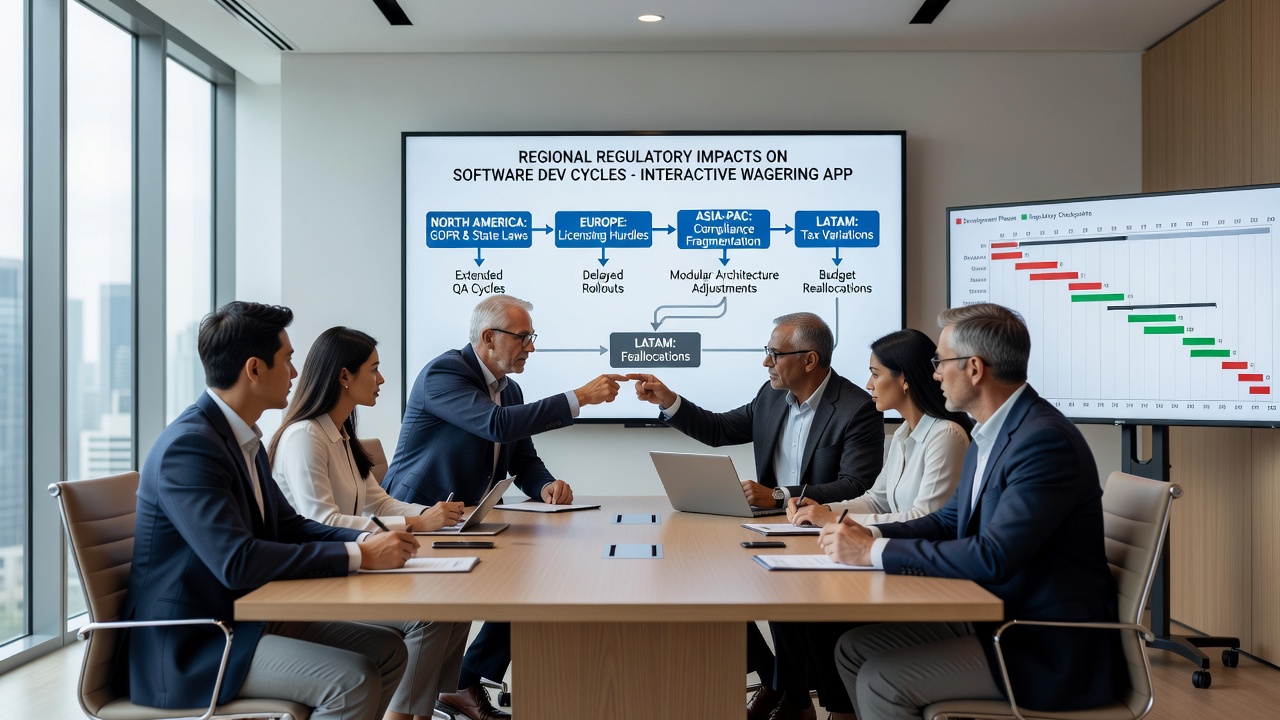 Developers reviewing compliance checklists and regional regulatory timelines on multiple screens for wagering software projects